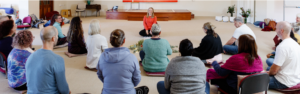 meditation teacher sitting in front of a group of meditation students
