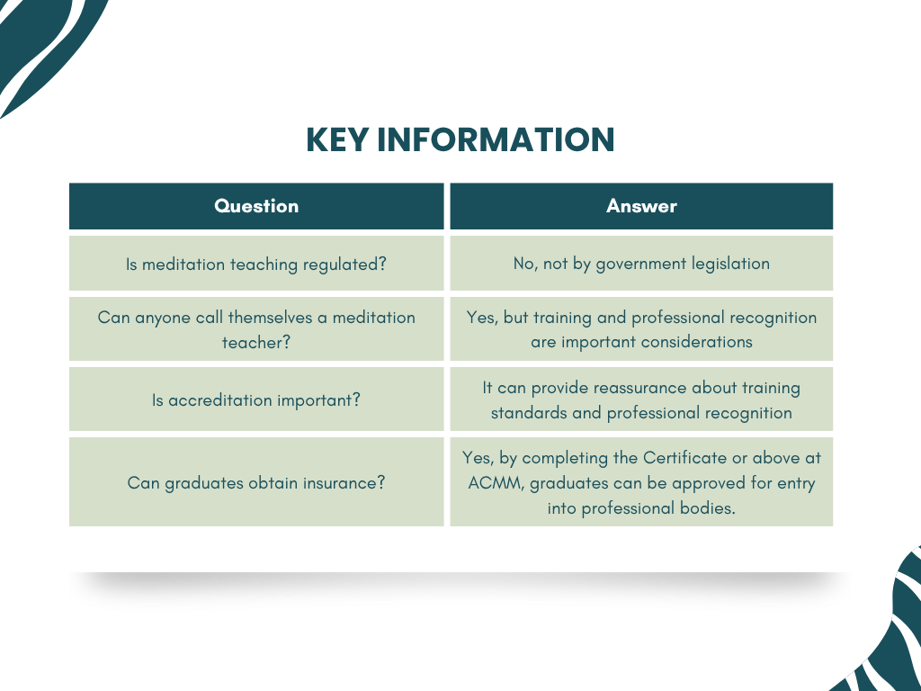 Is meditation teaching regulated in Australia? Key Information